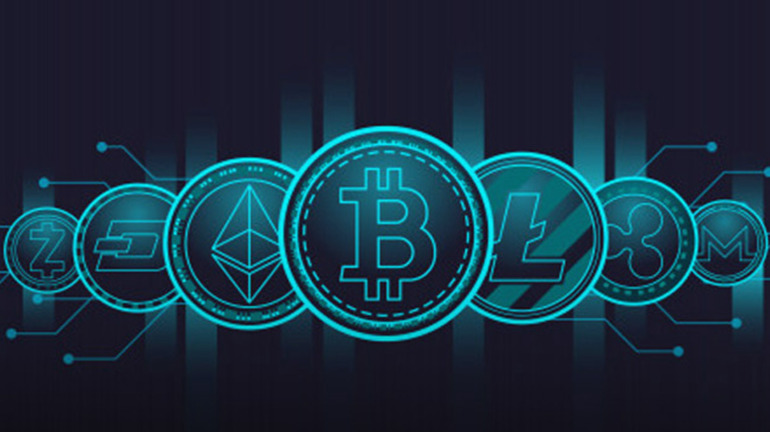Digital representation of ZCH, DASH, ETH, BTC, LTC, XRP and XMR coins