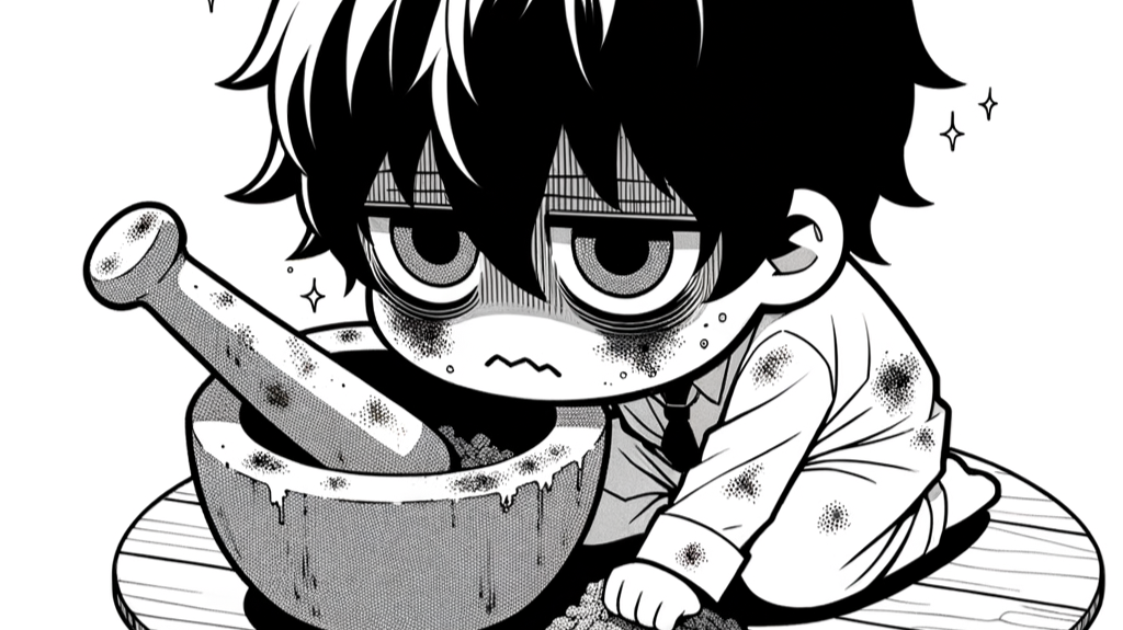 Dejected boy leaning over mortar and pestle