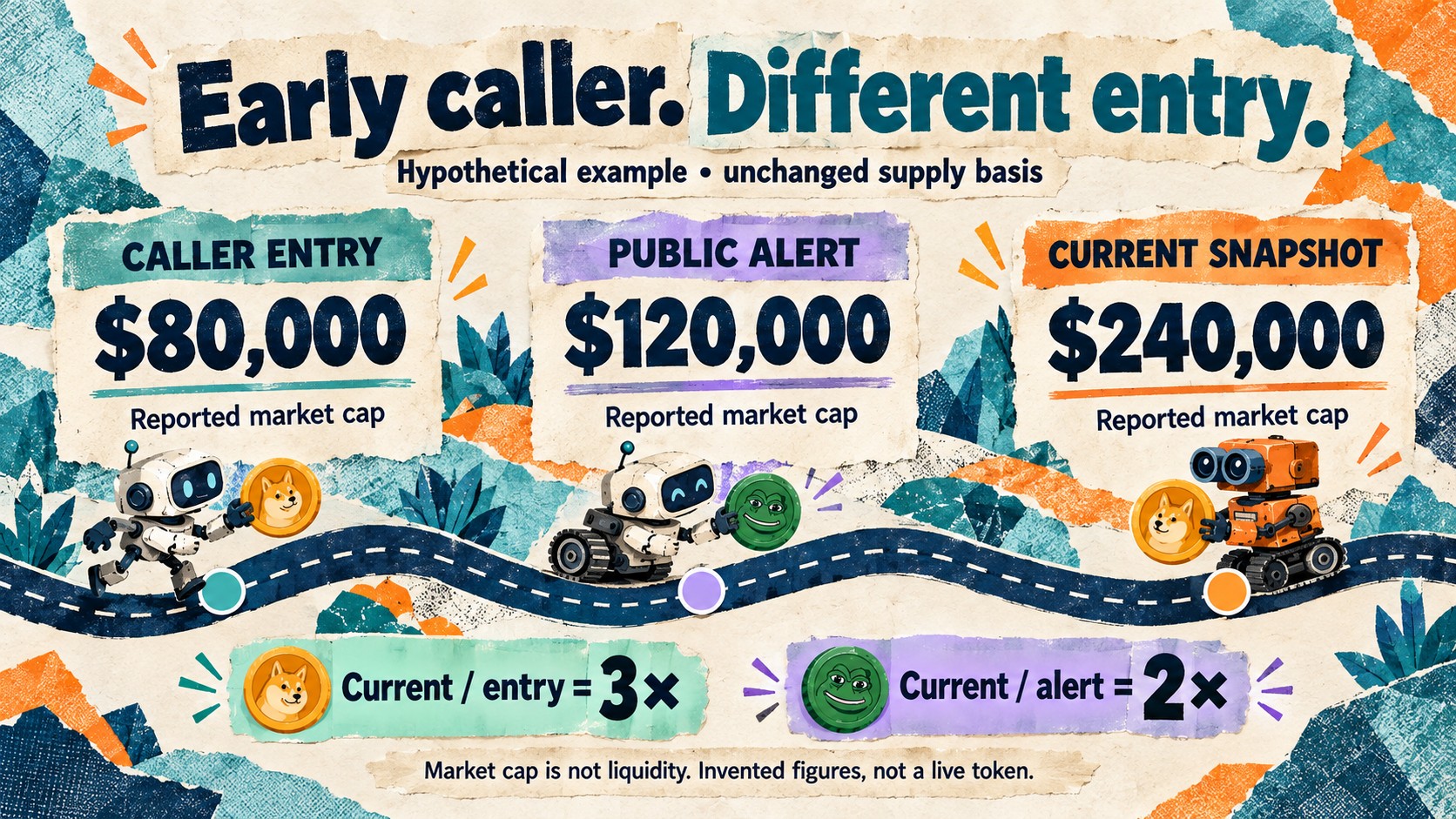 Hypothetical market caps: caller entry $80,000, public alert $120,000, current snapshot $240,000. Current valuation is three times entry and twice alert valuation.