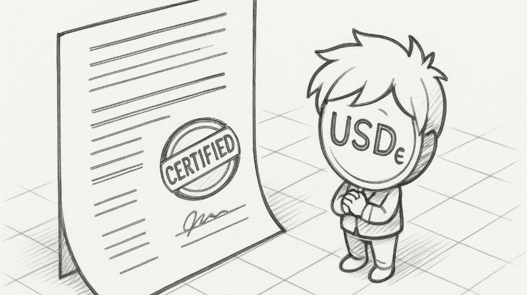 USDe coin standing by certificate document