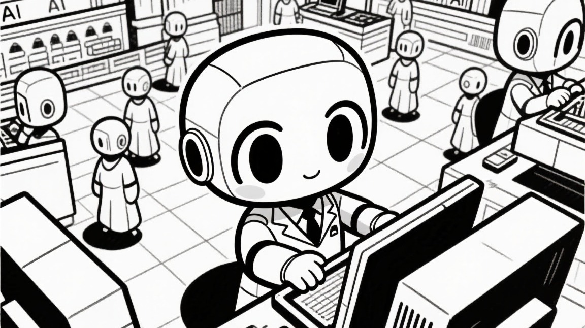 Android at a computer