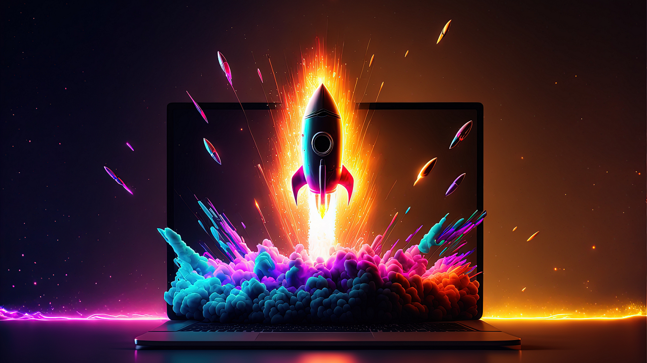 Rocketship blasting off from laptop computer