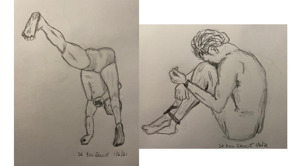 Diptych in pencil: flying kickboxer and man with wrists and ankles tied