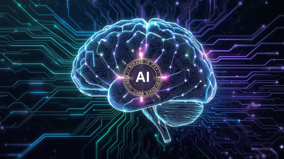 Illustration of Coinguard AI scanning Binance tokens with AI neural patterns for scam detection.