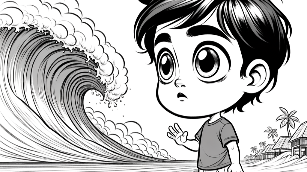 boy on beach in front of tsunami