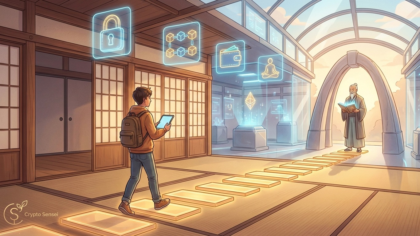 A warm, inspiring digital illustration of a young crypto learner walking through a traditional dojo that transforms into a fu