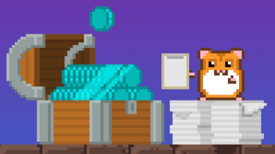 A hamster on a stack of papers counts blue coins in a treasure chest