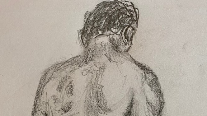 Pencil drawing: Upper rear view bust of man
