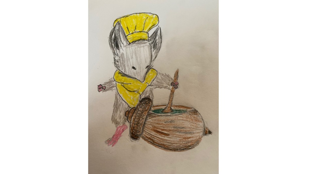 mouse guard chef with acorn cauldron - drawing in pencil and colored pencil