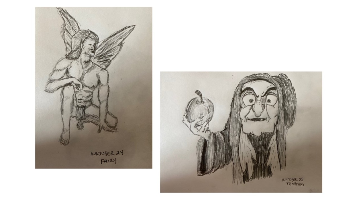 drawings of male fairy and witch with apple - pencil