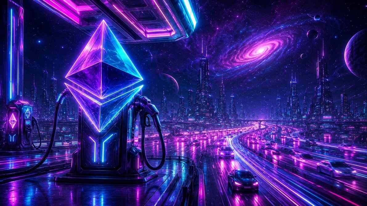 Futuristic digital artwork of a neon Ethereum logo designed as a gas pump on a busy crypto highway.