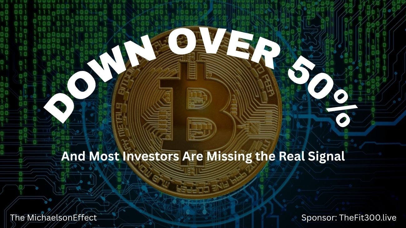 Bitcoin Down Over 50% overlay a Bitcoin