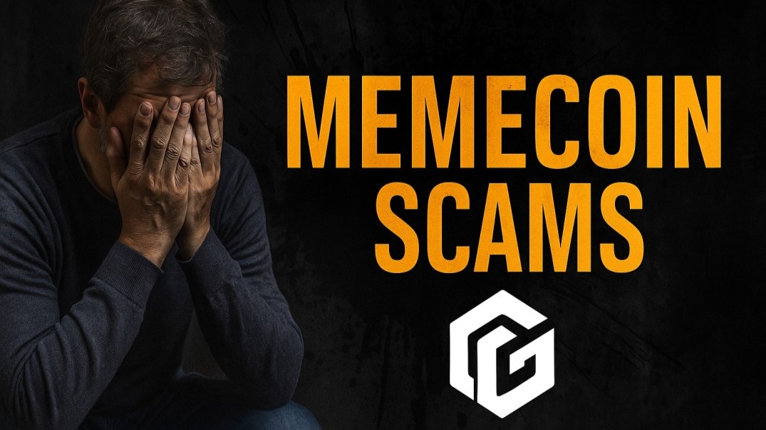 A stressed trader beside “Memecoin Scams” text, with the CoinGuard AI logo below.