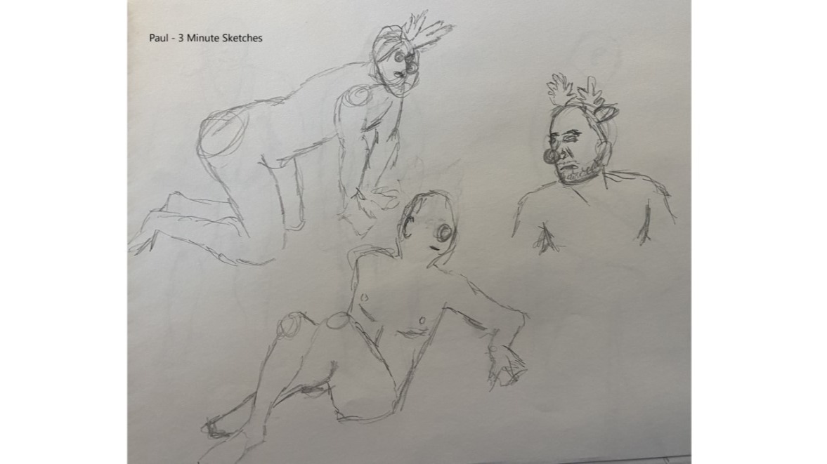 Paul in three minute poses wearing antlers and rudolph nose - pencil sketches