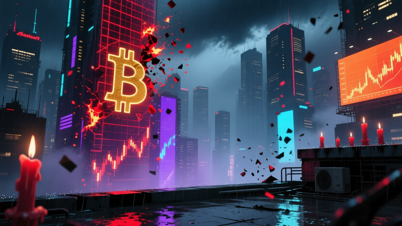 An anime-style digital artwork depicting a futuristic city skyline filled with glowing holographic Bitcoin symbols.