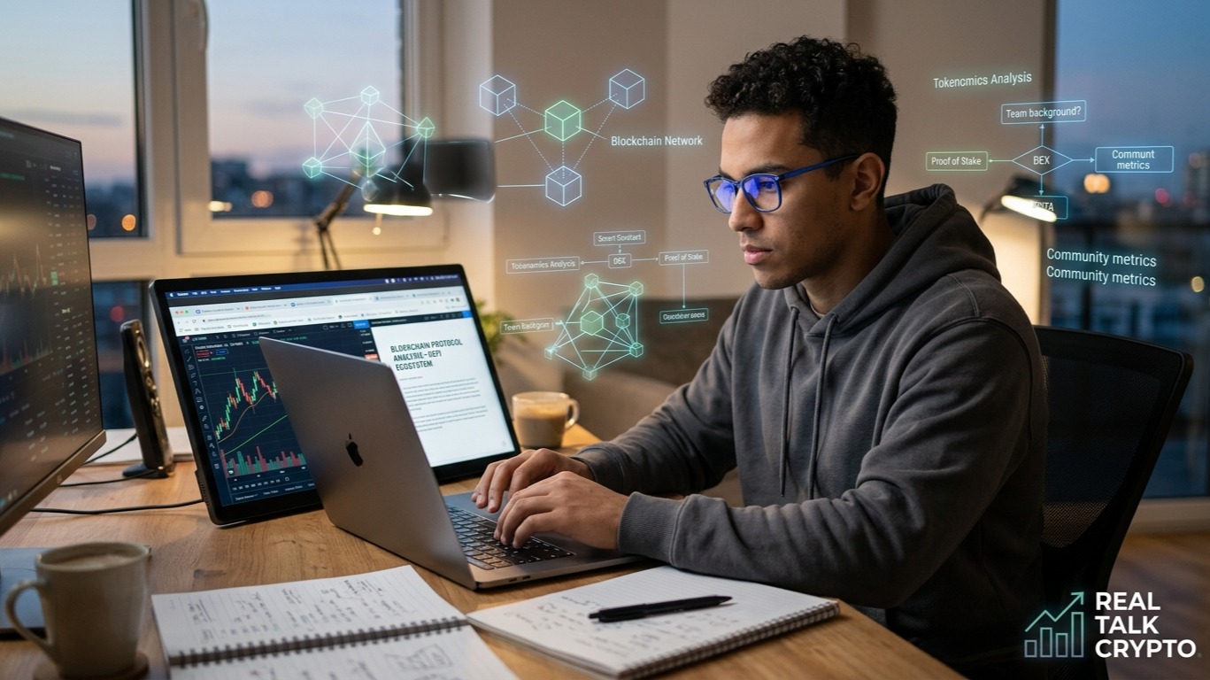 A focused young crypto investor researching projects on a laptop, surrounded by floating blockchain diagrams and notes, reali