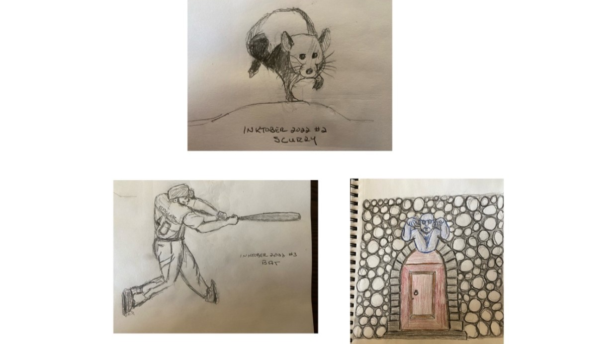 Three sketches for Inktober 2022 days 1-3: Running mouse, batting ballplayer, stone wall with gargoyle