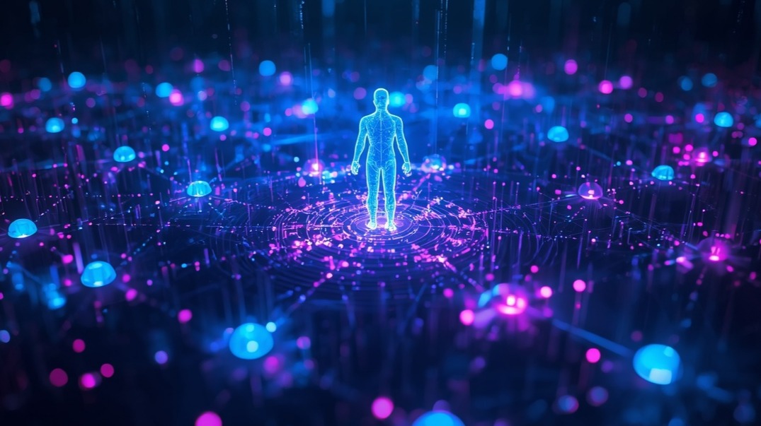 Abstract visualization of AI neural networks, blockchain nodes, and robotic elements converging in a symbiotic ecosystem.