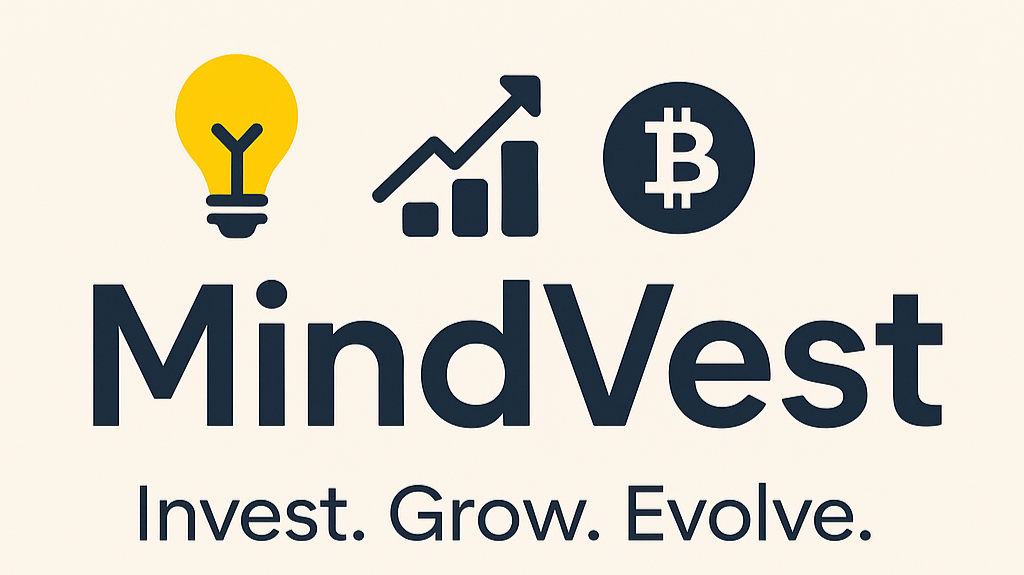 MindVest logo: yellow lightbulb, upward-trending chart, and Bitcoin symbol – ideas, financial growth, and modern investing.
