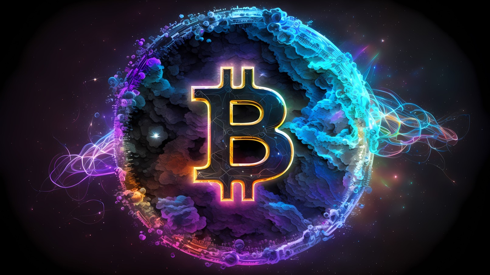 Image of a Bitcoin floating in the ether of space surrounded by blue and purple clouds