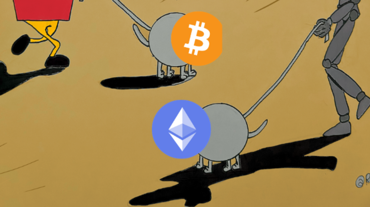 Bitcoin and Ethereum cartoon depicting a dog being swept up by the hype.