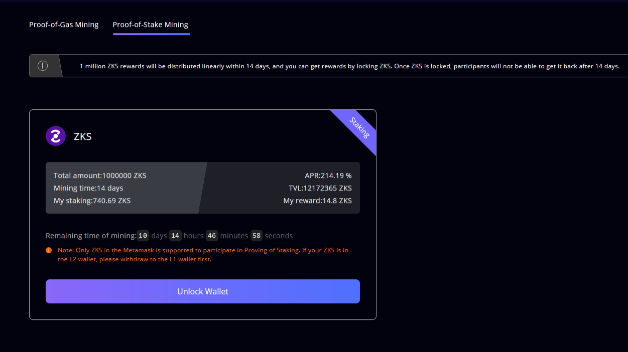 ZKS Layer 1 Staking after 72 hours