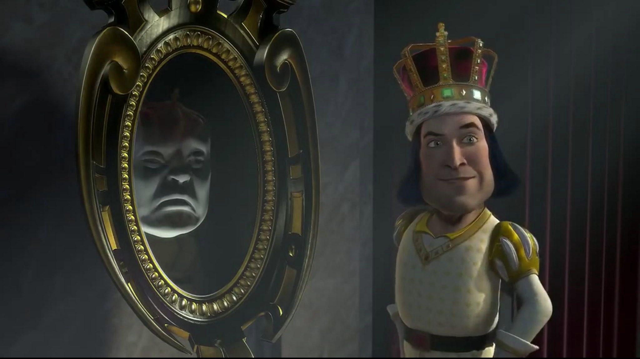 Lord Farquad looking pleased with himself while standing next to the magic mirror