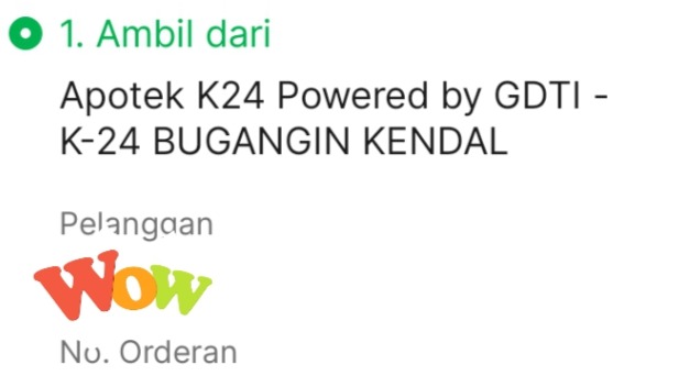 A real-time screenshot of a midnight ride-hailing drug delivery order from Apotek K24 Bugangin Kendal at 00:27 AM, used as a