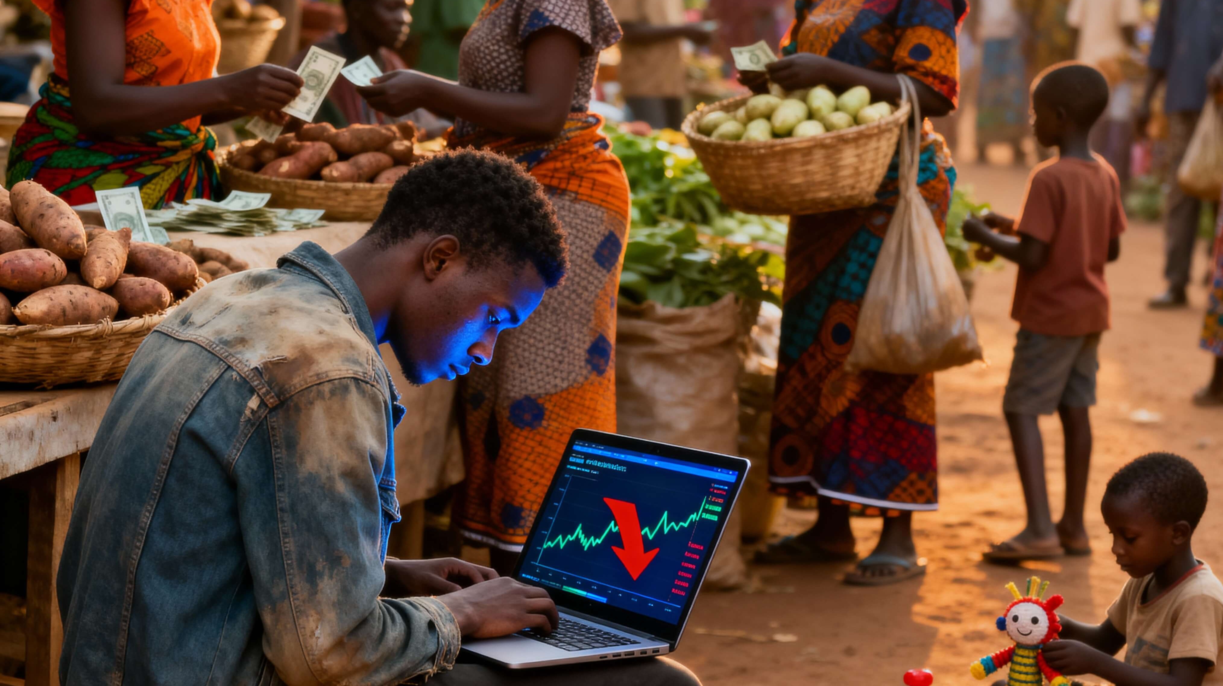 Young man looking at cryptocharts in a market