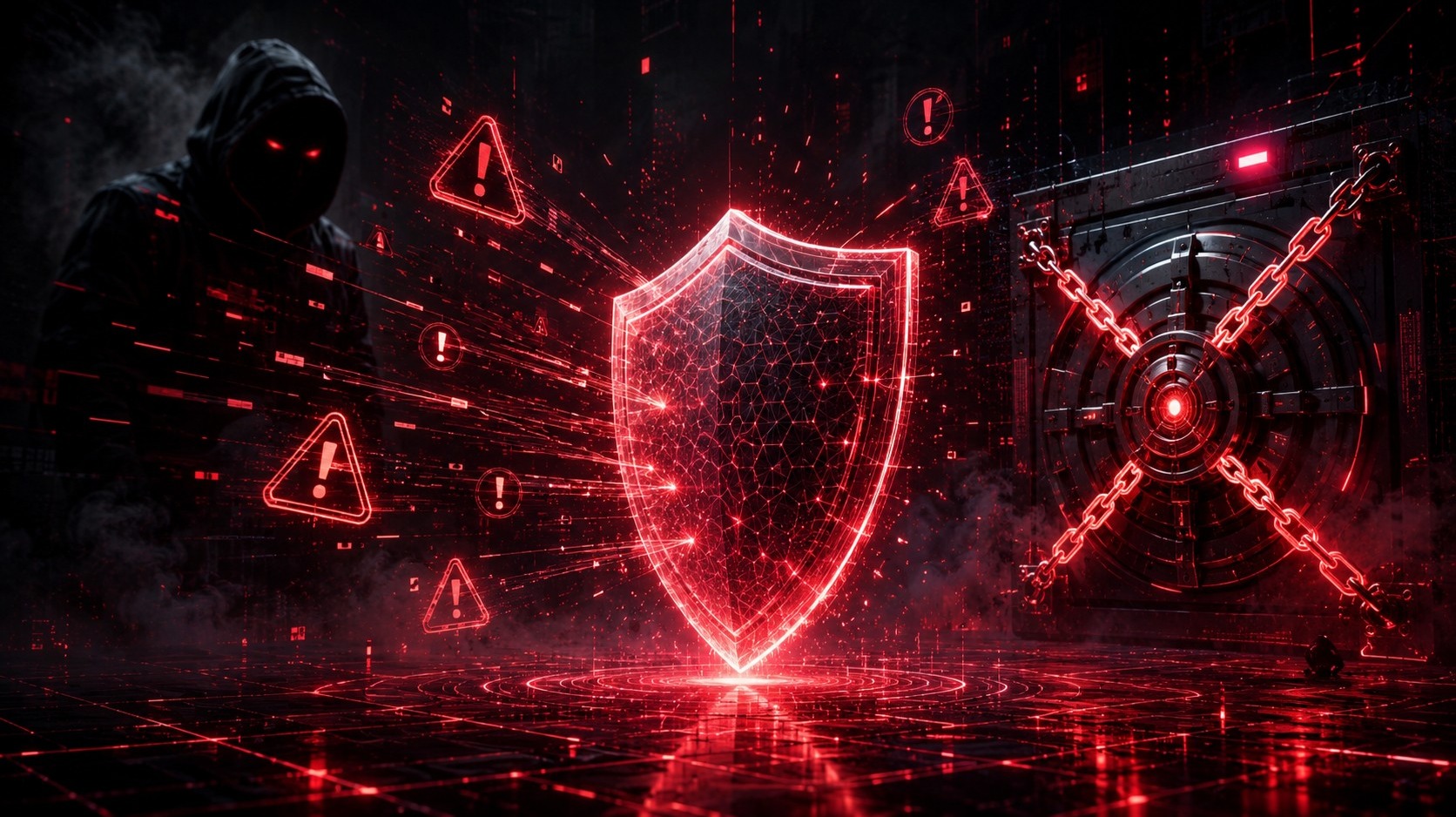 A suspenseful cyber art illustration showing a glowing red digital shield under attack by warning signs, with a mysterious ho