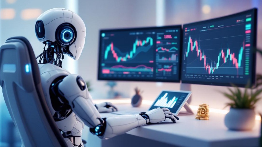 A glowing digital brain representing artificial intelligence, connected to bright cryptocurrency icons like Bitcoin and Ether