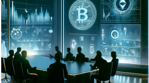 A digital artwork of a futuristic virtual marketplace featuring a large digital screen with cryptocurrency charts and shadowy