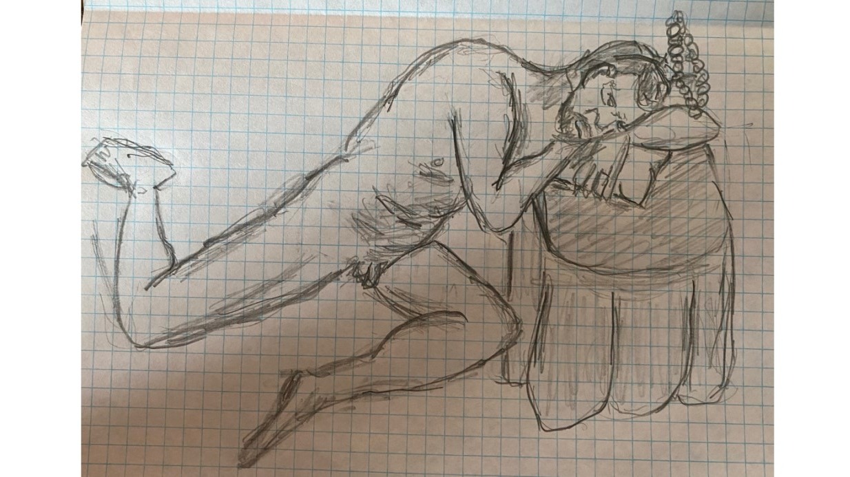 figure of man resting leant on table - drawing in pencil