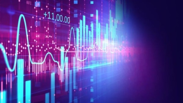A futuristic digital image with glowing neon graphs, fluctuating lines, and numerical data, symbolizing finance, crypto.
