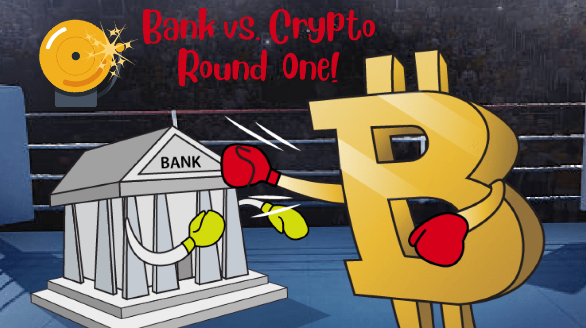 There is  a sign of Bitcoin fighting a Bank with boxing gloves in the picture