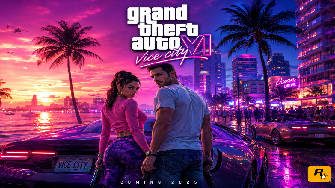 Create a high-impact, high-contrast video game thumbnail for GTA 6.  The composition must be centered and split into two dist