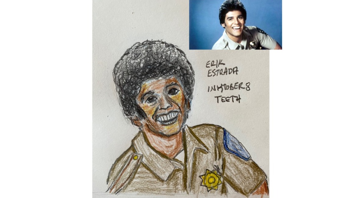 Portrait of Erik Estrada in colored pencil and pencil