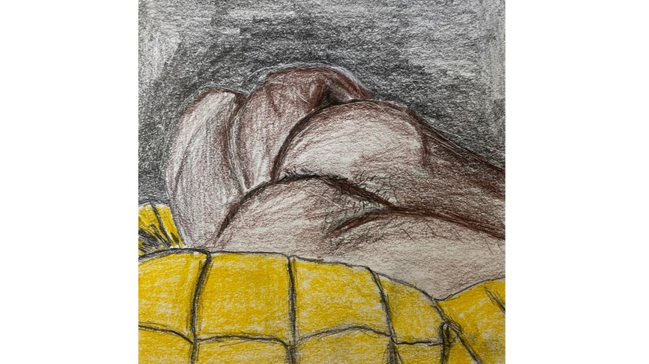 man sleeping on yellow quilt - drawing in colored pencil and pencil