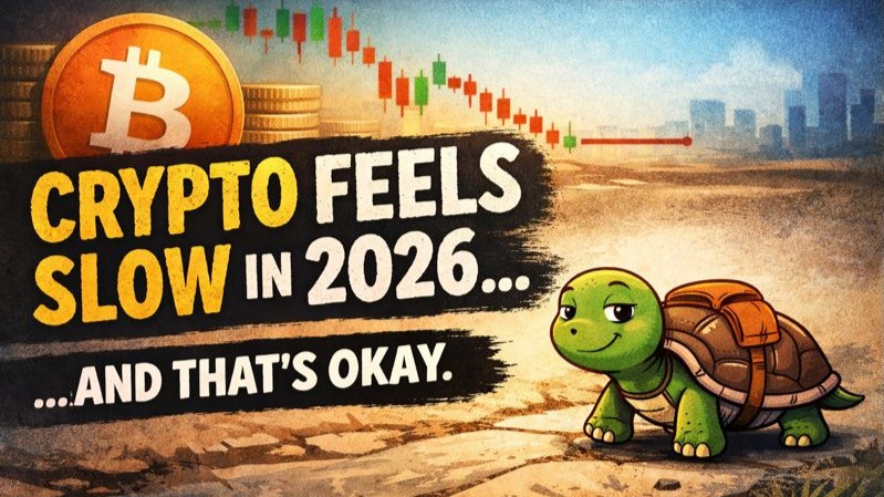 The thumbnail shows a calm crypto scene with a slow-moving turtle walking forward, symbolizing patience. A Bitcoin coin and s