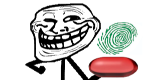 Trollface guy offering a red pill next to a giant fingerprint