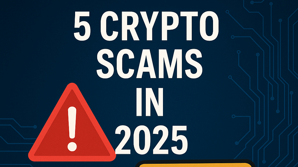 A bold digital graphic featuring a red warning triangle with an exclamation mark, a secure wallet icon