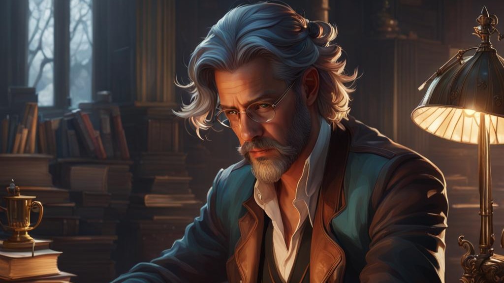 The picture shows a gray-haired writer with glasses scribbling something.