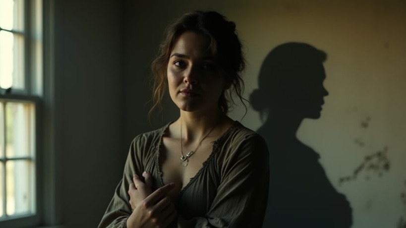 A young woman stands in a dimly lit room, her shadow cast behind her like a quiet ghost. The soft light reveals her sorrow, s