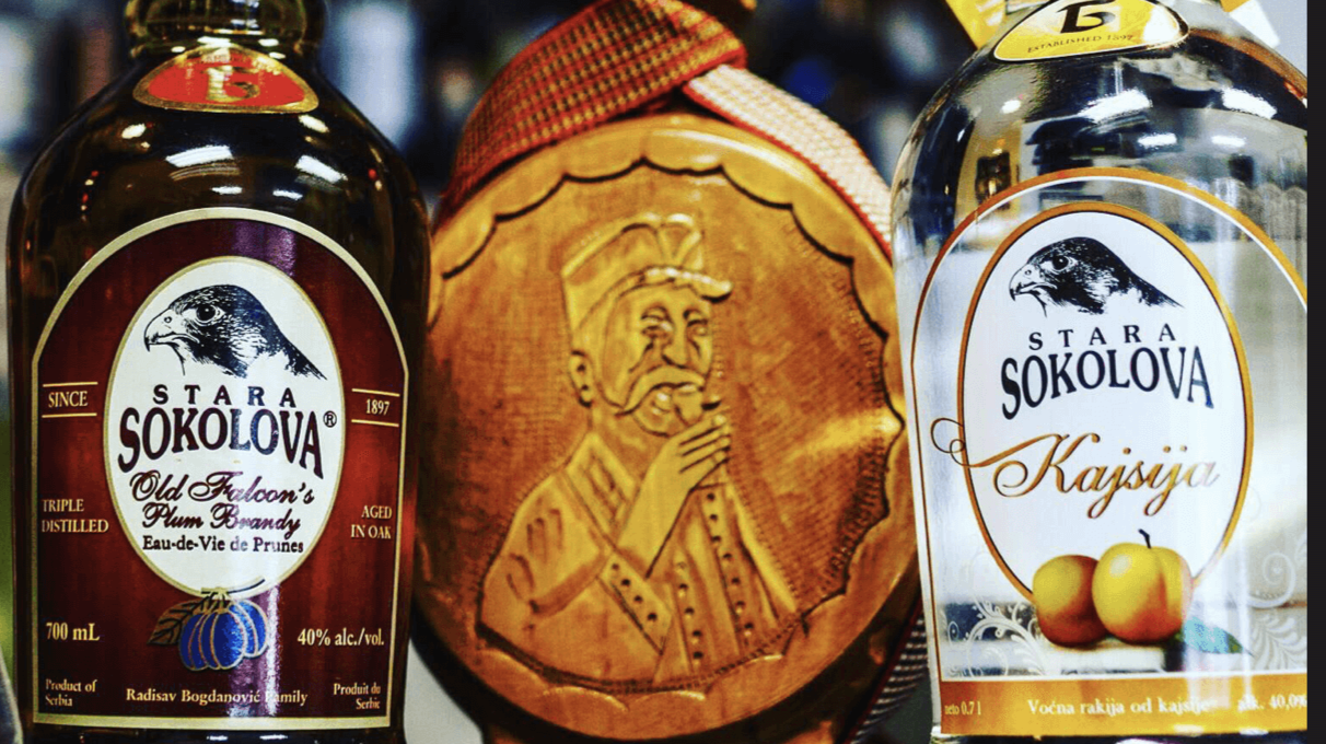bottle of plum brandy from Serbia called Stara Sokolova Rakija