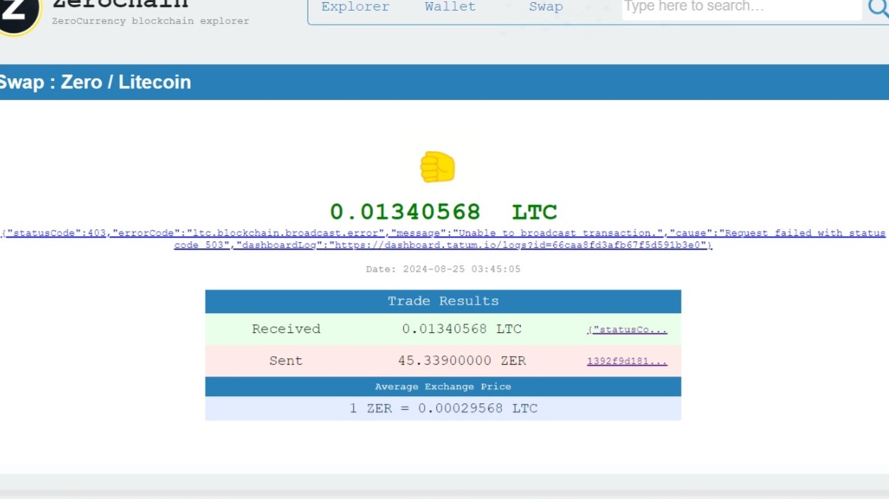 LTC blockchain broadcast error