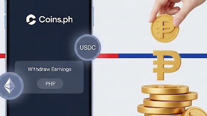 Thumbnail showing Coins.ph app with ETH/USDC icons and a peso coin stack, symbolizing crypto withdrawal to PHP.