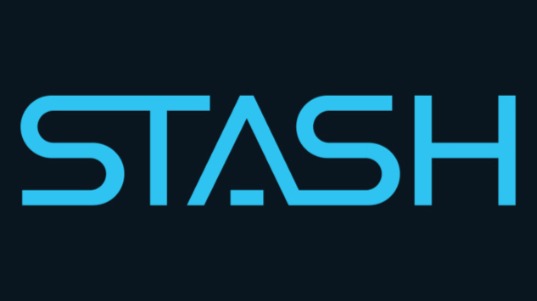 Black background with blue letters spelling our the word "STASH"