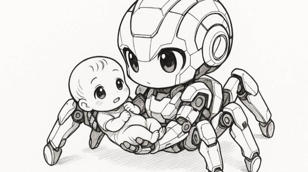 Android spider caring for infant
