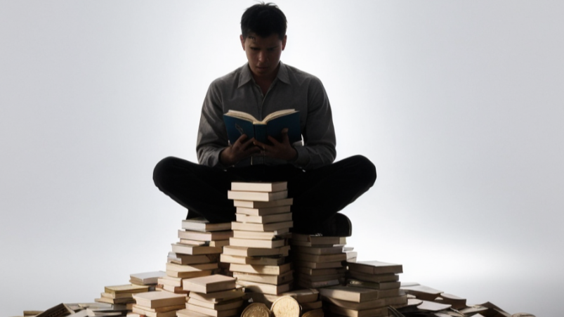 featuring a stack of books with gold coins scattered around them, symbolizing the monetization of books. Include a person, pe