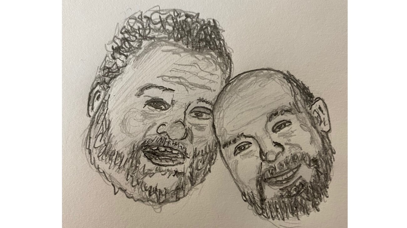 Ian and Josh leaning together - Pencil